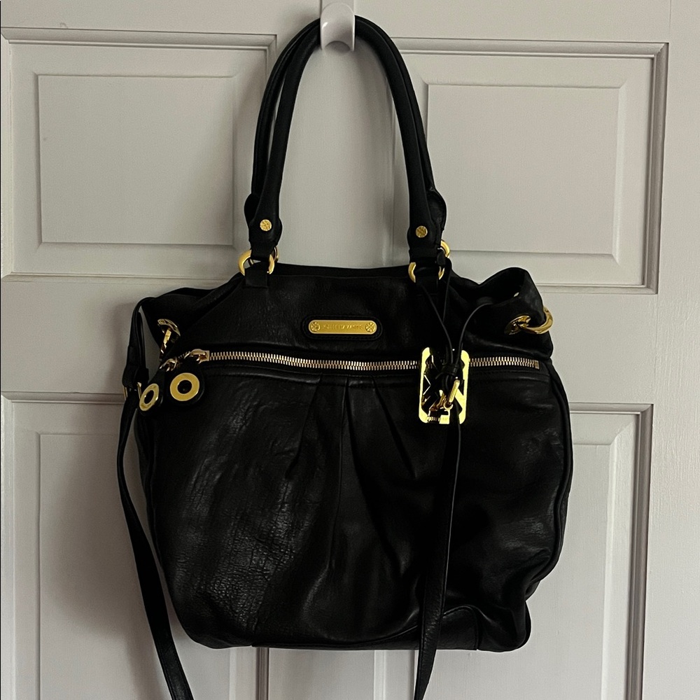 Joelle Hawkens Black Leather Tote Handbag with Gold Hardware